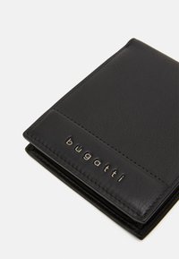 Black leather wallet with textured surface, featuring a silver "bugatti" logo, folded design, and visible stitching along the edges.