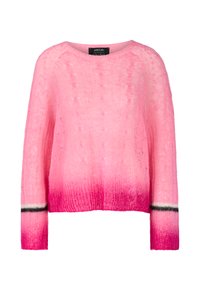 Lässiger, langärmeliger Pullover in einem Farbverlauf von Rosa, ausgestattet mit einem strukturierten Strick, einem runden Hals und schwarz-weißen gestreiften Akzenten an den Bündchen.