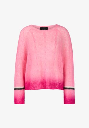 Lässiger, langärmeliger Pullover in einem Farbverlauf von Rosa, ausgestattet mit einem strukturierten Strick, einem runden Hals und schwarz-weißen gestreiften Akzenten an den Bündchen.