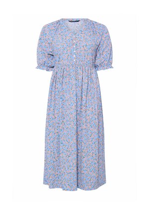 Light blue midi dress with pink floral print, short puff sleeves, buttoned front, and gathered waist.