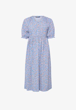 Light blue midi dress with pink floral print, short puff sleeves, buttoned front, and gathered waist.