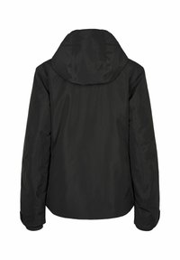 Schwarze Kapuzenjacke mit glatter Textur und lockerer Passform. Verfügt über verdeckte Nähte und elastische Bündchen. Die Rückansicht zeigt die Schulternähte.