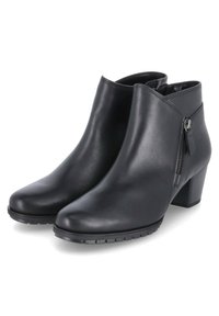 Botas de cuero negras hasta el tobillo con puntera redondeada, cremallera lateral y tacón bajo en bloque. Textura suave y silueta clásica.
