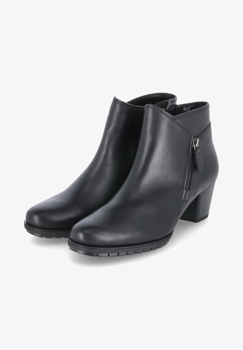 Bottes de cheville en cuir noir avec un bout rond, une fermeture éclair sur le côté et un petit talon carré. Texture lisse et silhouette classique.