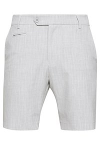 Pantaloni corti grigio chiaro su misura con chiusura a bottone, passanti per cintura e una tasca welt singola sul lato sinistro.