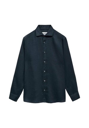 Cămașă bleumarin cu mânecă lungă, fabricată dintr-un material ușor, având o guler cu nasturi, nasturi în față și o croială lejeră cu o textură netedă.