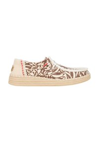 Scarpa in tela leggera con motivo a foglie marroni, dettagli bianchi e suola in corda intrecciata. Punta arrotondata e design con lacci.