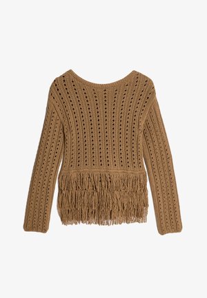 Suéter marrón de punto con canalé vertical, acentuado por flecos en el dobladillo. Presenta un escote redondo y mangas largas.
