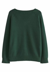 Dunkelgrüner Pullover aus weichem Strickmaterial, mit weit ausgeschnittenem Hals, langen Ärmeln, gerippten Bündchen und lockerer Passform.