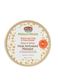 Round, beige container labeled "African Pride Moisture Miracle" with floral accents, containing 340g of Moroccan clay and shea butter masque.