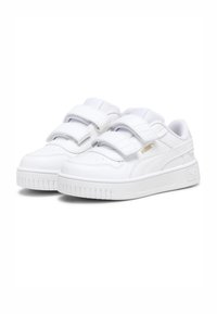 Weiße Sneakers mit einem glatten Lederoberteil, Klettverschlüssen, strukturiertem Sole und goldfarbener Logoplatte an der Seite. Abgerundetes Zehendesign.