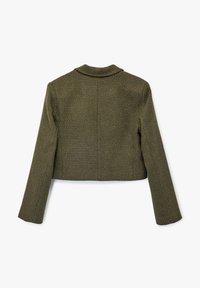 Olijfgroen cropped jack met een textuurstof, lange mouwen en een geklemd kraag. Eenvoudig ontwerp aan de achterkant zonder zichtbare hardware.