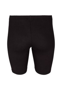 Shorts de sport noirs en tissu léger avec une taille élastique, de longueur mi-cuisse et une texture lisse et sans ornement.