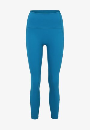 Türkise Leggings aus dehnbarem, glattem Material mit hoher Taille. Sie verfügen über ein figurbetontes Design und enge Knöchelöffnungen.