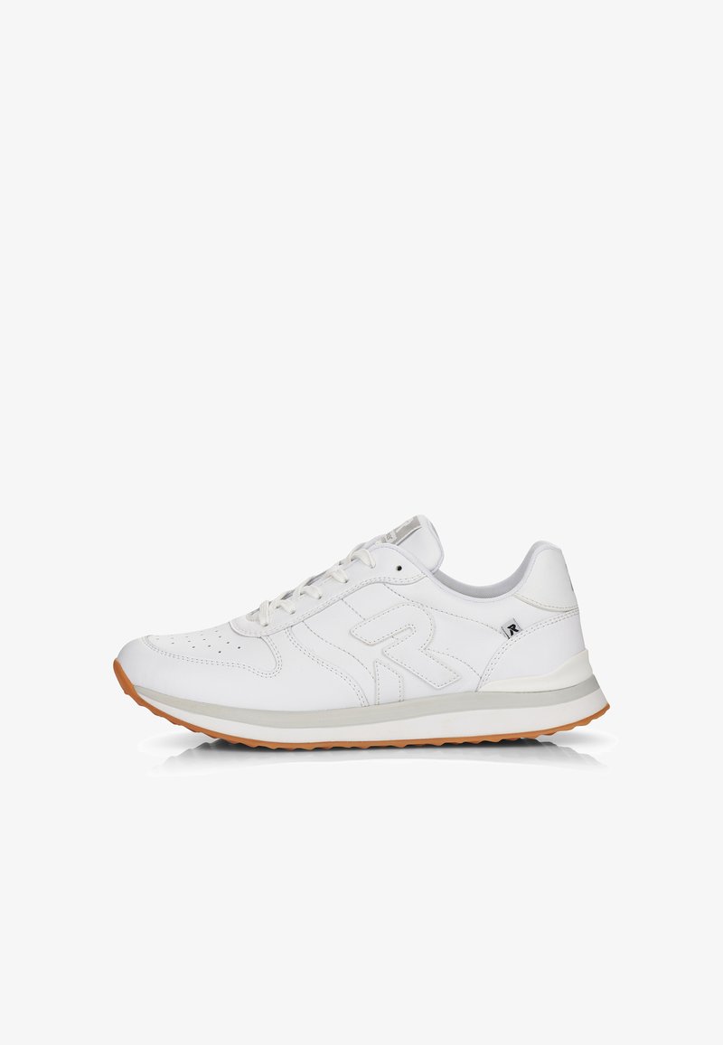 White sneakers made of leather with perforated details, round toe, and a rubber outsole; features minimalistic design and logo accents.