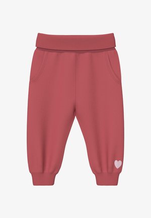 Rosa Kleinkind-Hose mit elastischem Bund und Bündchen, Seitentaschen und einer kleinen rosa Herzgrafik in der Nähe des Knöchels am rechten Bein.