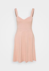 Rosa ärmlös klänning med åtsittande bodice, V-ringning och A-linjeformad kjol. Tillverkad av mjukt tyg, med en slät yta och en enkel design.