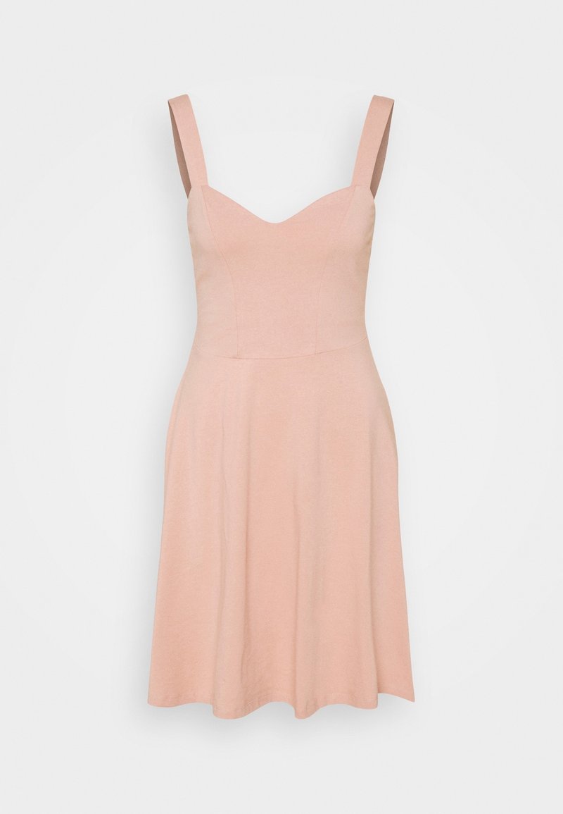 Rosa ärmlös klänning med åtsittande bodice, V-ringning och A-linjeformad kjol. Tillverkad av mjukt tyg, med en slät yta och en enkel design.