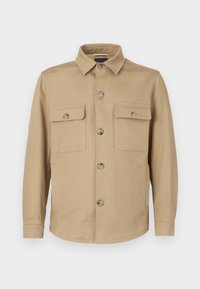 Μπεζ σακάκι από ύφασμα, με κλείσιμο με κουμπιά μπροστά, γιακά με μύτη, δύο τσέπες στο στήθος και μακριά μανίκια με κουμπωτά μανσέτα.