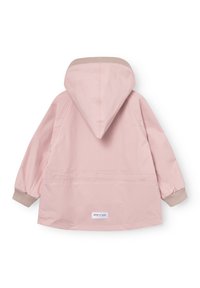 Otroški svetlo roza jopič z kapuco in rebrastimi manšetami, prikazan od zadaj, z majhno všito oznako blagovne znamke blizu roba.