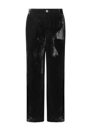 Black velvet wide-leg pants with a smooth texture, a button closure, and a classic design for versatile styling.