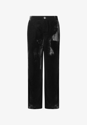 Pantalones de pierna ancha de terciopelo negro con una textura suave, cierre con botón y diseño clásico para un estilo versátil.