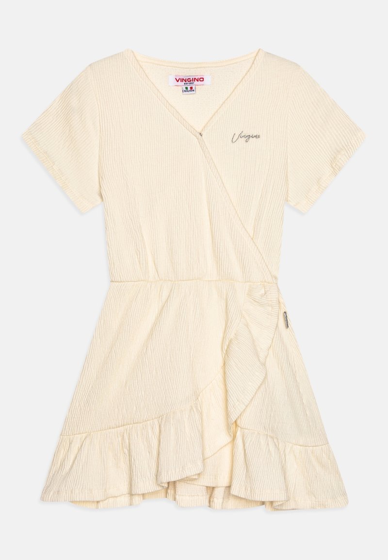 Robe courte à manches courtes en tissu texturé, style cache-cœur avec ourlet à volants, col en V, taille élastique et petit logo "Vingino" brodé sur la poitrine.