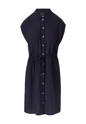 Marineblaues kurzärmliges Kleid mit Knopfleiste, Bindegürtel und weichem Stoff. Verfügt über einen klassischen Kragen und leicht geraffte Schultern.