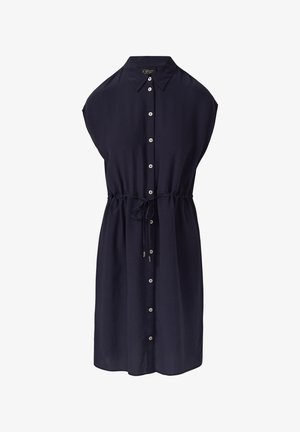Abito blu navy a maniche corte con chiusura a pulsanti, vita regolabile con coulisse e tessuto morbido. Presenta un colletto classico e spalle leggermente arricciate.
