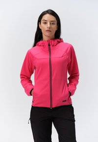 Fuchsia wasserdichte Jacke mit einem Frontreißverschluss, verstellbarem Kapuzen und zwei Seitentaschen. Bietet ein elegantes Design und strukturierten Stoff.