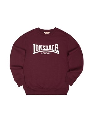 Bordeauxrode sweatshirt met lange mouwen en "Lonsdale London" in grote witte letters gedrukt over de borst, geribbelde manchetten en zoom.