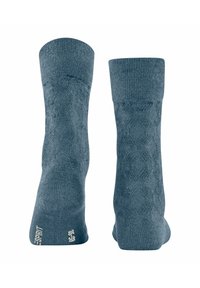 Para niebieskich skarpetek do kostki z delikatnym wzorem oraz białym napisem "ESPRIT" i rozmiarem "35-38" na podeszwie.