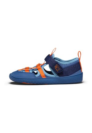 Blue and orange athletic shoe with a mesh and synthetic upper, adjustable strap, and textured rubber sole. Features cut-out sections.