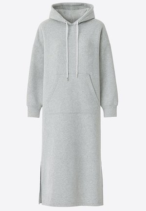 Grijze hoodie-jurk gemaakt van een katoenmengsel, met lange mouwen, zijsplitten en een voorzak in kangaroostijl.