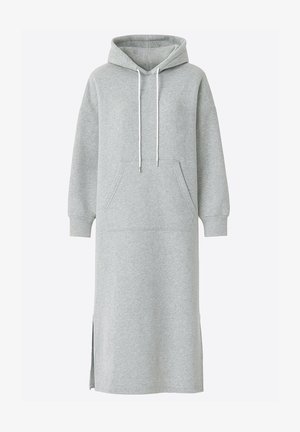 Vestito felpa grigio con cappuccio realizzato in misto cotone, con maniche lunghe, spacchi laterali e tasca frontale a marsupio.