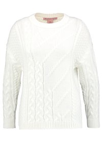 Pull en maille blanche avec col rond et manches longues, présentant des motifs de tricot variés ainsi que des poignets et un ourlet côtelés.