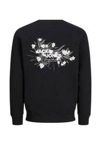 Sudadera negra de manga larga. Presenta un diseño gráfico floral y el nombre de la marca en blanco en la parte posterior. Material de algodón. Estilo de cuello redondo.
