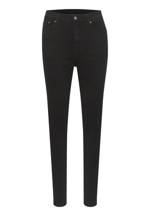 Vaqueros de mezclilla negra con un corte slim, diseño de cinco bolsillos, cierre de botón y detalles de costura sutil. Textura suave y estilo minimalista.