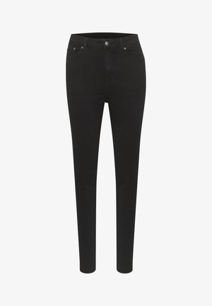 Schwarze Denim-Jeans mit schlanker Passform, fünf Taschen-Design, Knopfverschluss und dezentem Nähedetail. Glatte Textur und minimalistischer Stil.