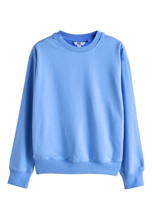 Hanorac albastru deschis cu guler rotund, mâneci lungi și manșete și tiv nervurate, prezentat pe un fundal alb.