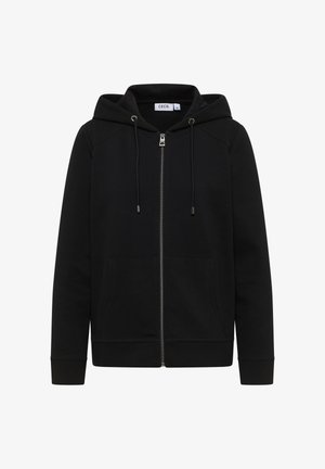 Schwarze zip-up Kapuzenjacke mit Kapuze, langen Ärmeln, Fronttaschen und Metallreißverschluss. Der Stoff hat ein strukturiertes Design und gerippte Bündchen.