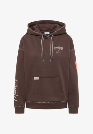 Felpa marrone con cappuccio, tasca frontale, dettagli di cuciture bianche a contrasto e testo stampato sul petto e sulle maniche. Coulisse con punte argentate.