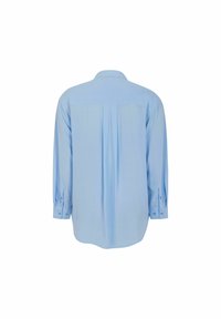 Camicia azzurra chiaro con bottoni e maniche lunghe, realizzata in un tessuto liscio, con un dettaglio plissettato sul retro e polsini con bottoni.