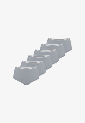 Sechs Paare hellgraue Baumwollslips mit weißem elastischem Bund, die eine glatte Textur und ein klassisches High-Rise-Design aufweisen.