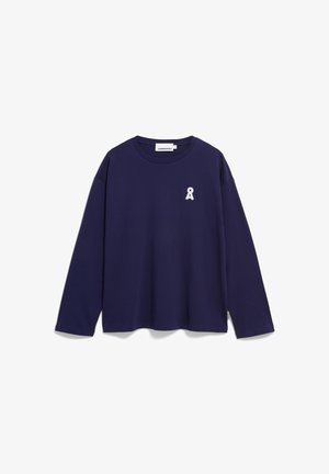 Navy long-sleeve T-shirt made of soft fabric, featuring a small white ribbon logo on the left chest and a relaxed fit design.