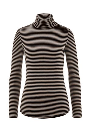 Zwart en beige gestreepte coltrui met lange mouwen, gemaakt van een zachte stof met een aansluitende pasvorm en een licht gebogen zoom.