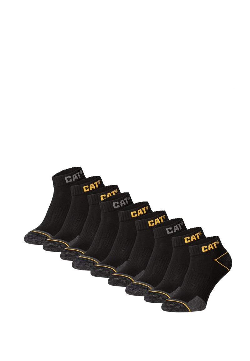 Chaussettes noires pour la cheville avec un design côtelé, des accents jaunes et un orteil gris. Pack de huit paires avec le logo "CAT" sur le revers.