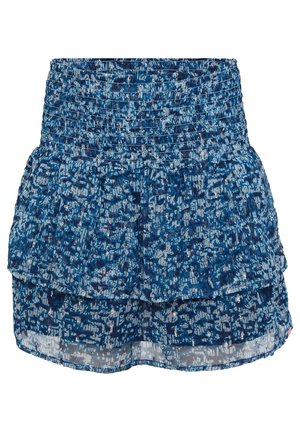 Jupe bleue à motifs avec taille élastique froncée et ourlet à volants superposés, présentant un imprimé abstrait blanc et bleu foncé.
