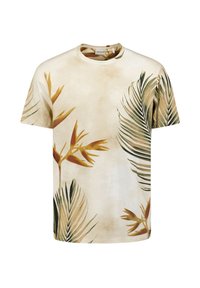 Korte mouw crème t-shirt met een tropisch bladeren- en bloemenprint in groen en geel, met een relaxte pasvorm en zachte textuur.