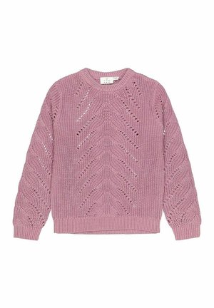 Fioletowo-różowy sweter z dzianiny z okrągłym dekoltem i wzorzystymi ażurowymi ściegami w szewron, z długimi rękawami oraz ściągaczami przy mankietach i dole.